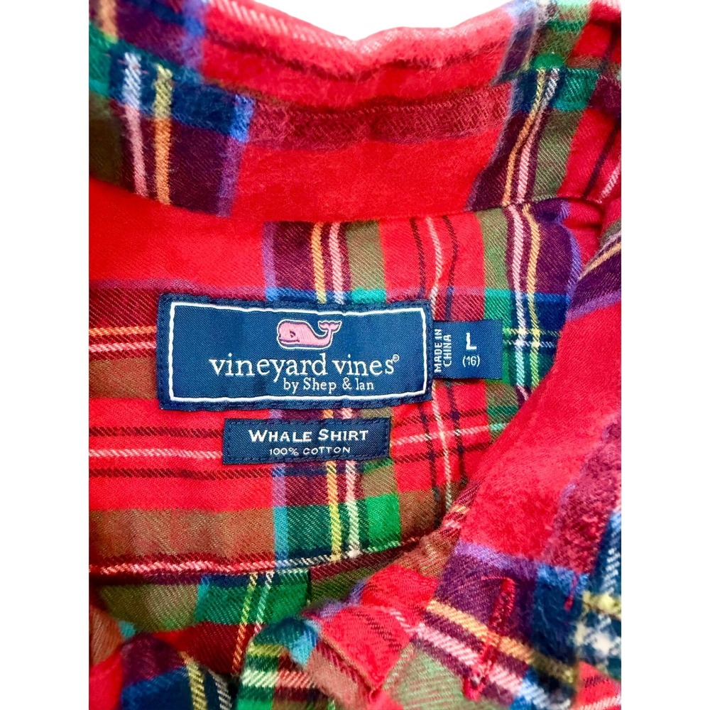 Vineyard Vines Boys Red Plaid Flannel Whale Shirt Long Sleeve Button Down L 16 - Picture 2 of 3